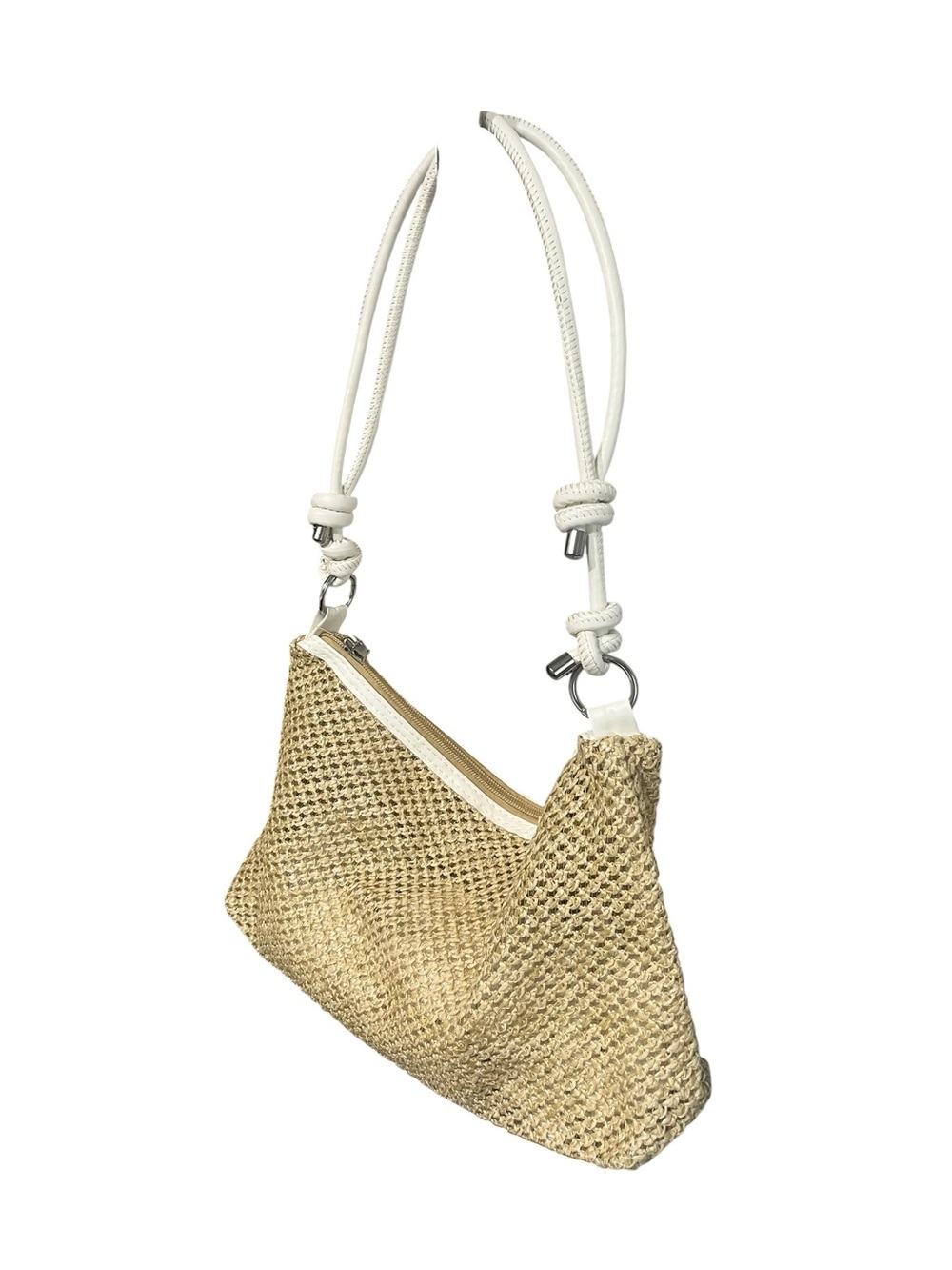 Woven Hand Bag w/Faux White Leather Straps - Picture 3 of 10